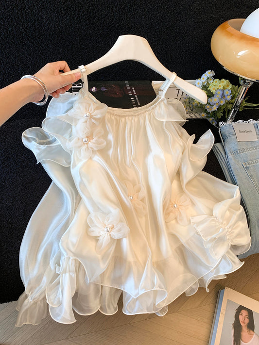 シアーフリル立体フラワーブラウス