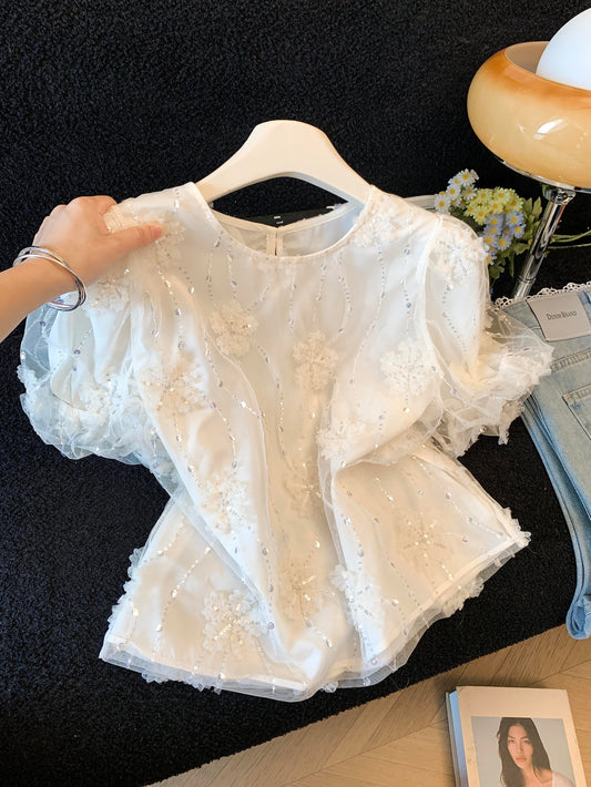 スパンコールフラワーシアーブラウス