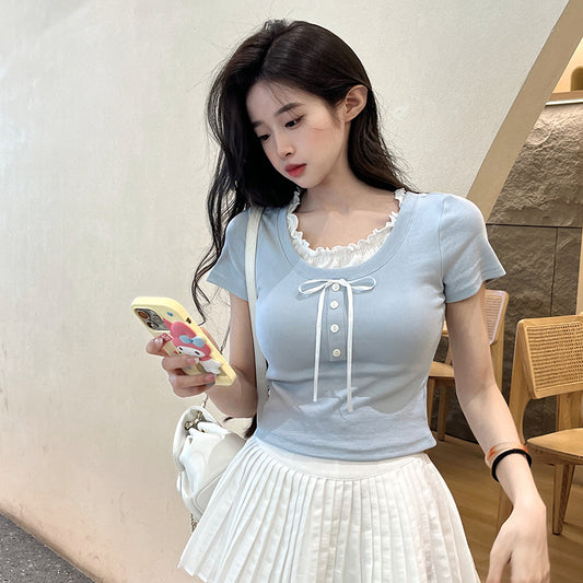 リボンレイヤードリブTシャツ