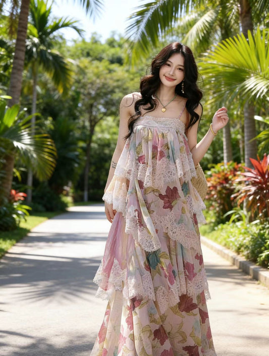 フローラルレースティアードキャミワンピ